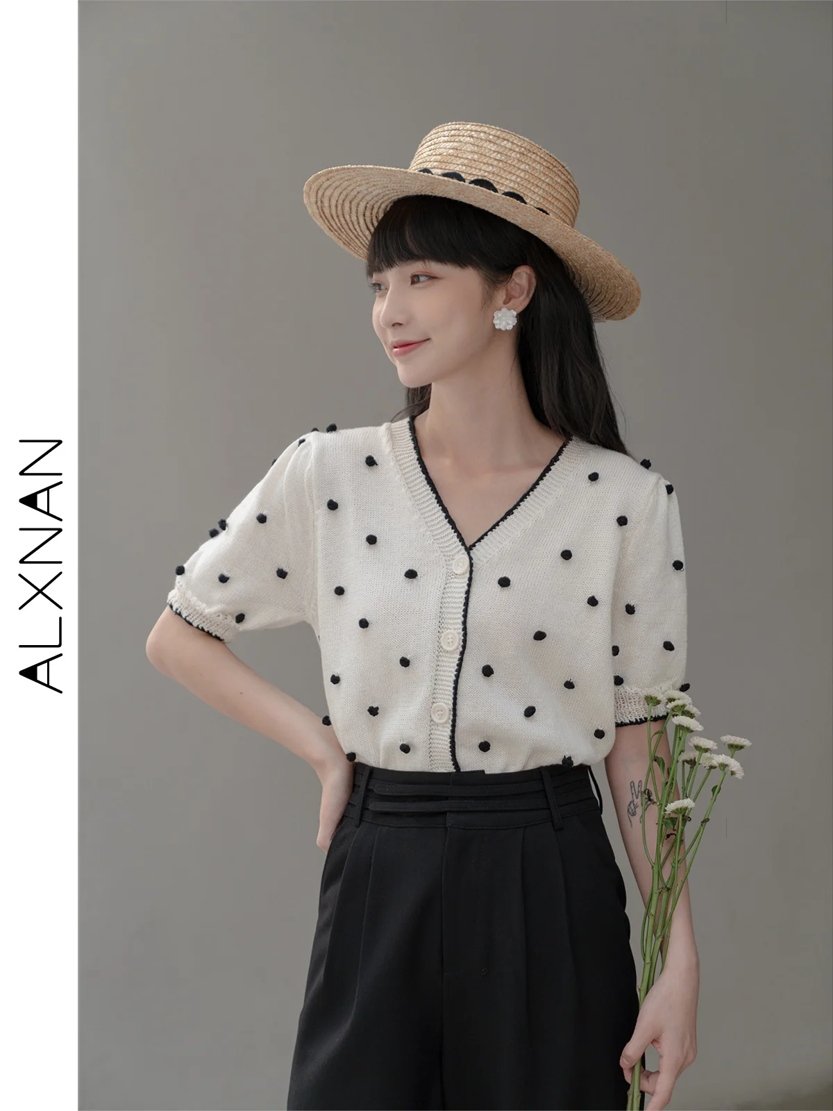 Hand Embroidered ort Sve V-Ne Knitted Open Cardigan Thin Slimming Design Summer Top for Women by Lu Xiang Nan