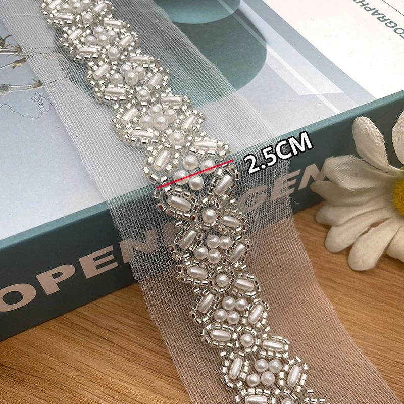 1Yard(90CM) New Pearl Ribbon Embroidery Beaded Lace Trim for Wedding Dress Beads Ribbon for Sewing Crafts