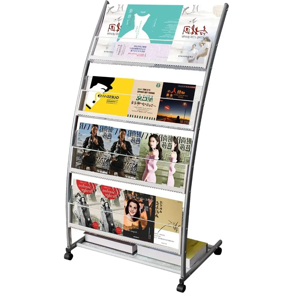 Brochure Display Stand, Floor-Standing Magazine Rack with 4 Pockets, Information Rack With casters Easy to Move for Trade