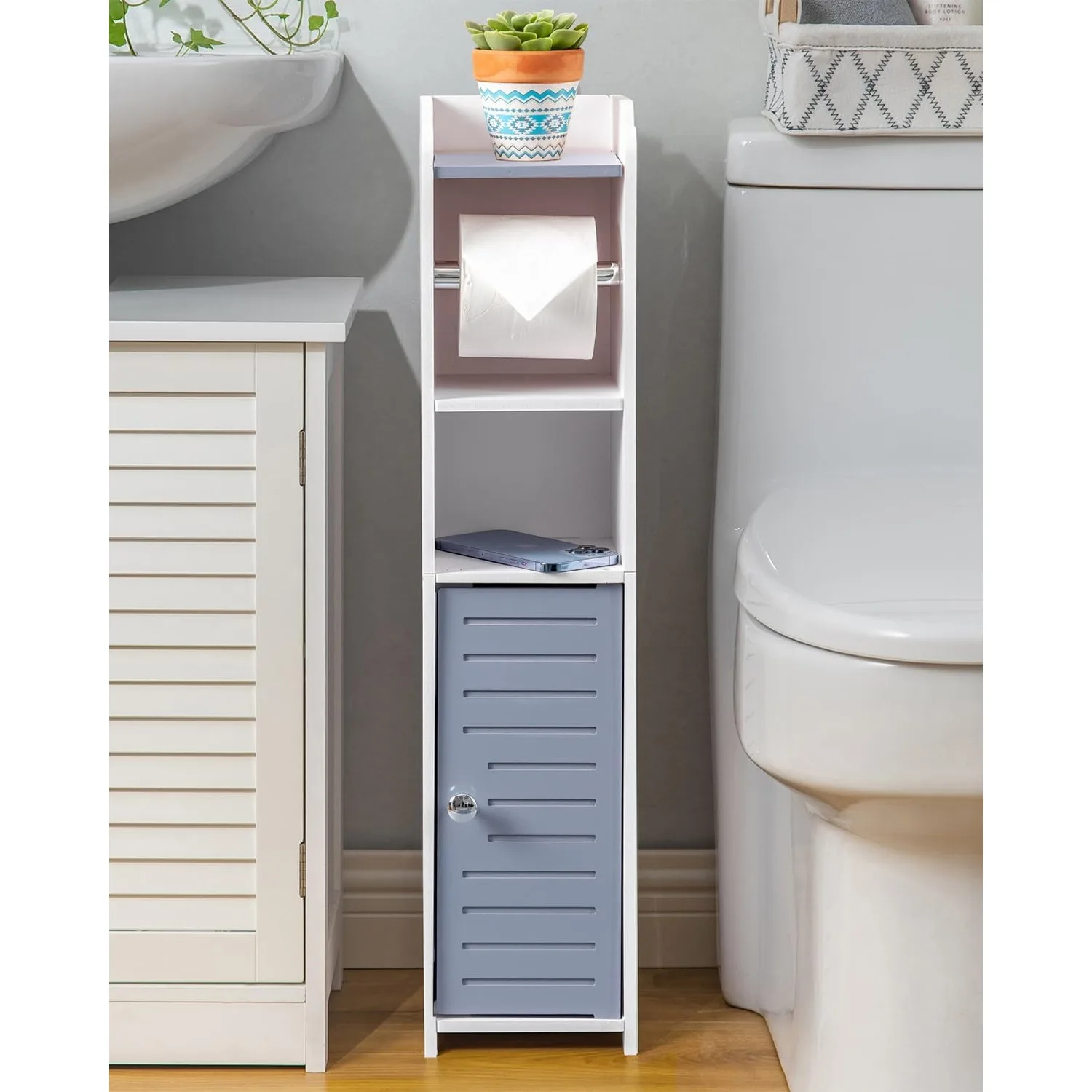 

Toilet Paper Holder Stand: Small Bathroom Storage Cabinet - Light Grey - White