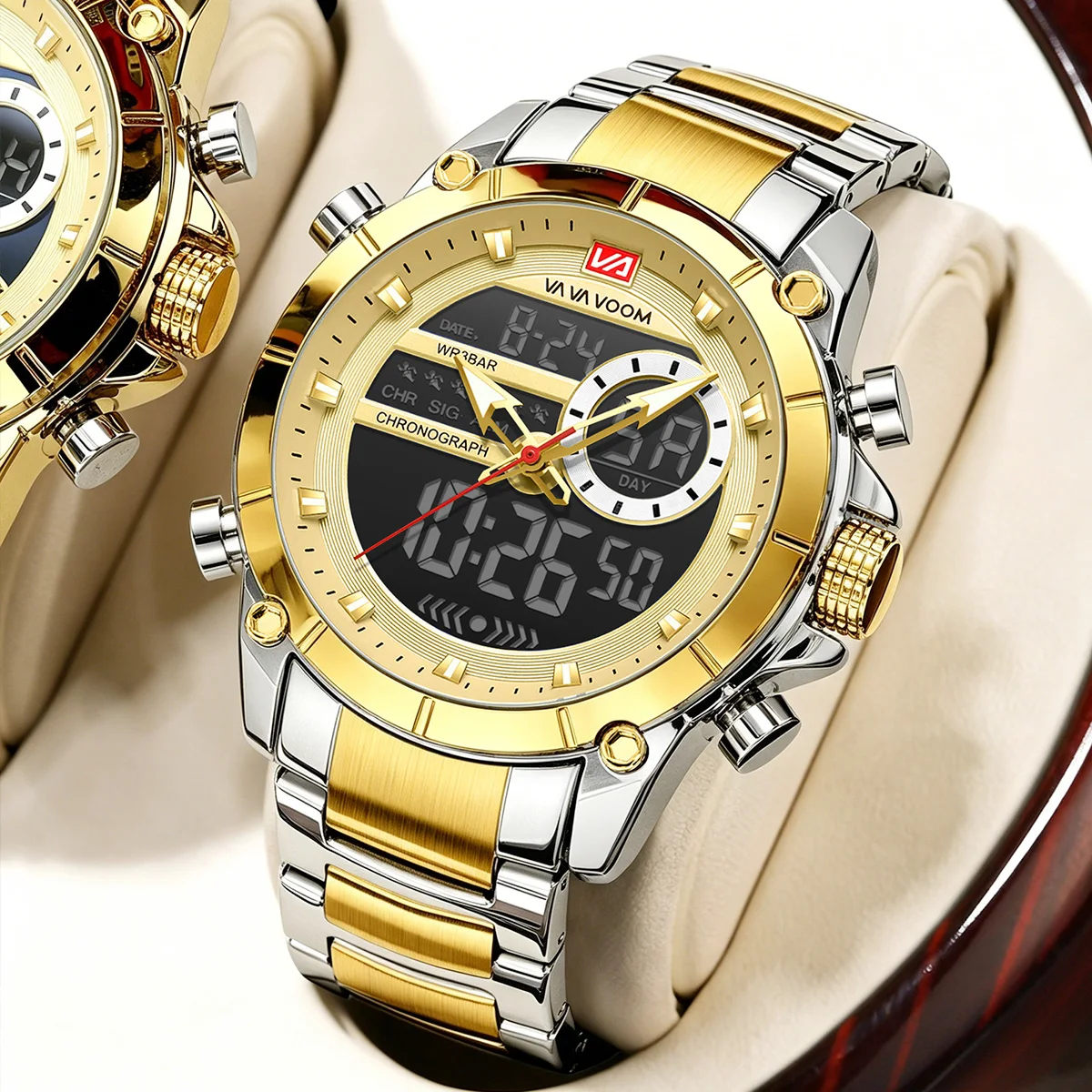 VA VA VOOM Men Watch Dual Display Dial 44mm Sport Timing Quartz Watch Waterproof Stainless Steel Electronic Military Men Watches