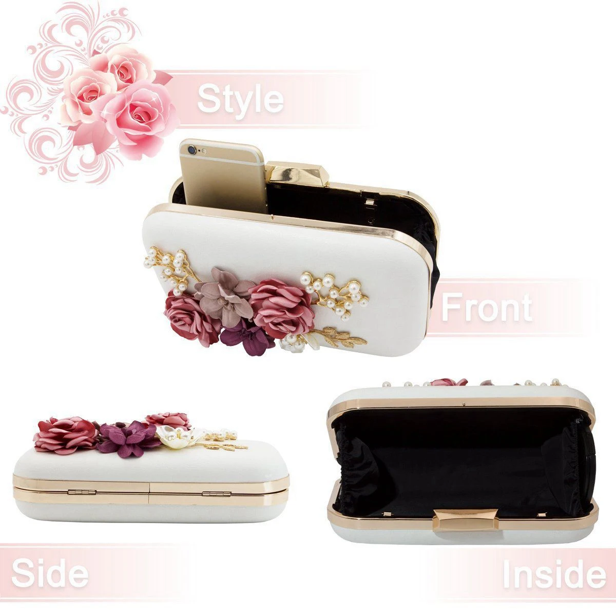 Women Clutches Purses Bags Flower Leather Envelope Pearl Wallet Evening Handbag(white)