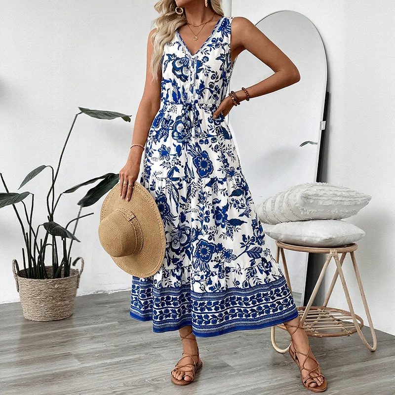 

Women Dresses Print Dress A Line V Neck Sleeveless Ankle Length Empire Waist Slight Strech Loose Fit Casual Elegant 2026 Summer