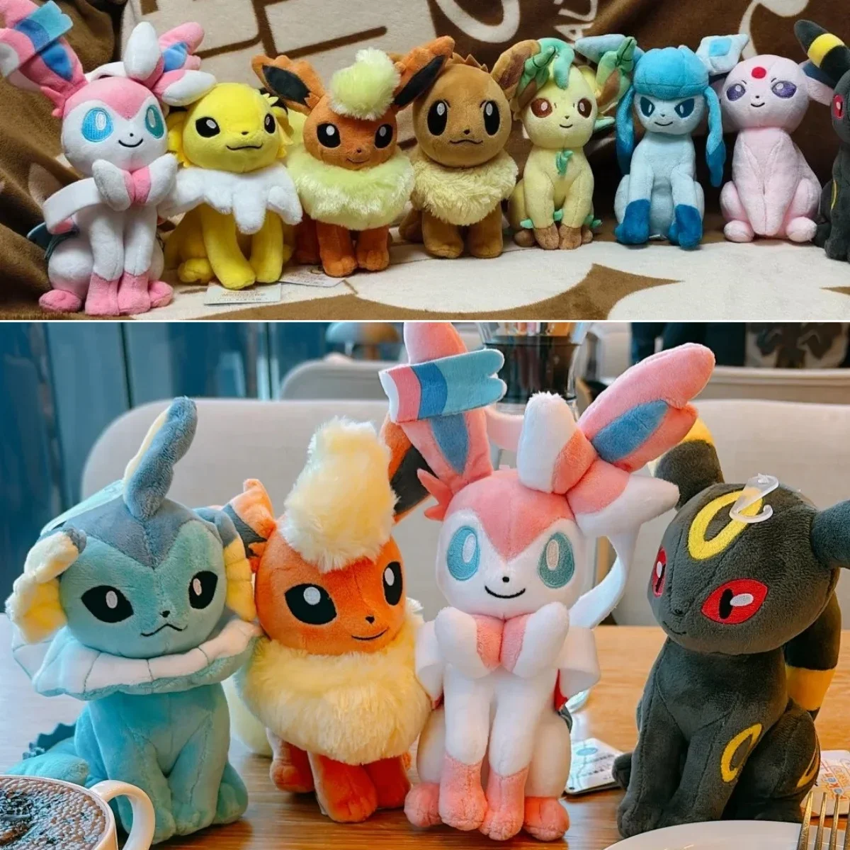 9 Stile Eevee Evolution Plüschtier-Set Eevee Sylveon Umbreon Espeon Vaporeon Weiche Flauschige Stoffpuppen-Sammlung Geschenk für Fans