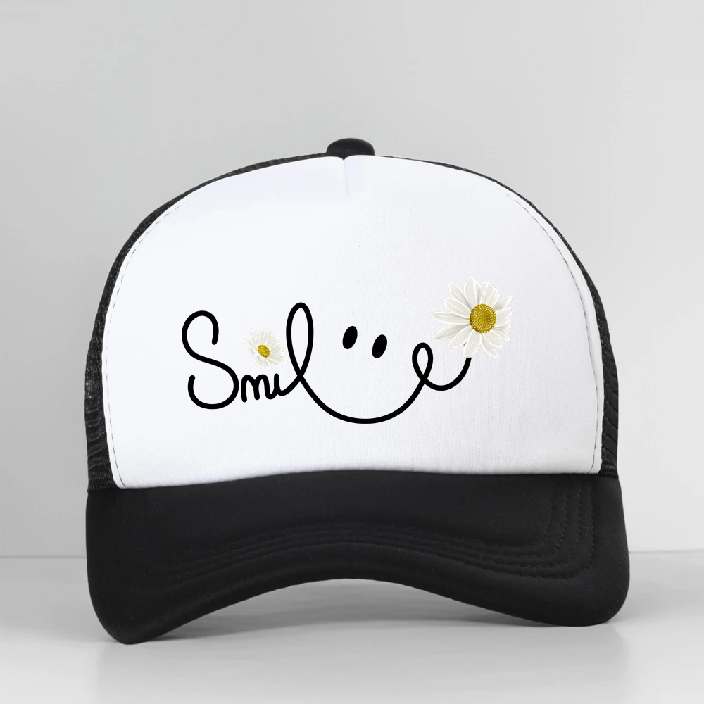 

Beautiful Daisy Smile Letter Printed Harajuku Cartoon Graphic Baseball Cap Unisex Mesh Breathable Snapback Hat