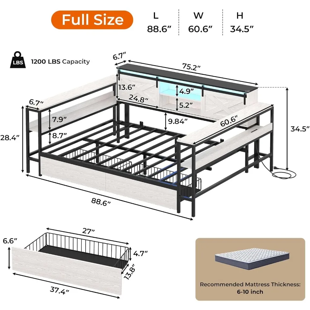 سرير Hasuit ذو زاوية كاملة مع أدراج وأرفف تخزين لخزانة الكتب، وسرير نهاري كامل مع محطة شحن وإضاءة LED، وخشب المزرعة