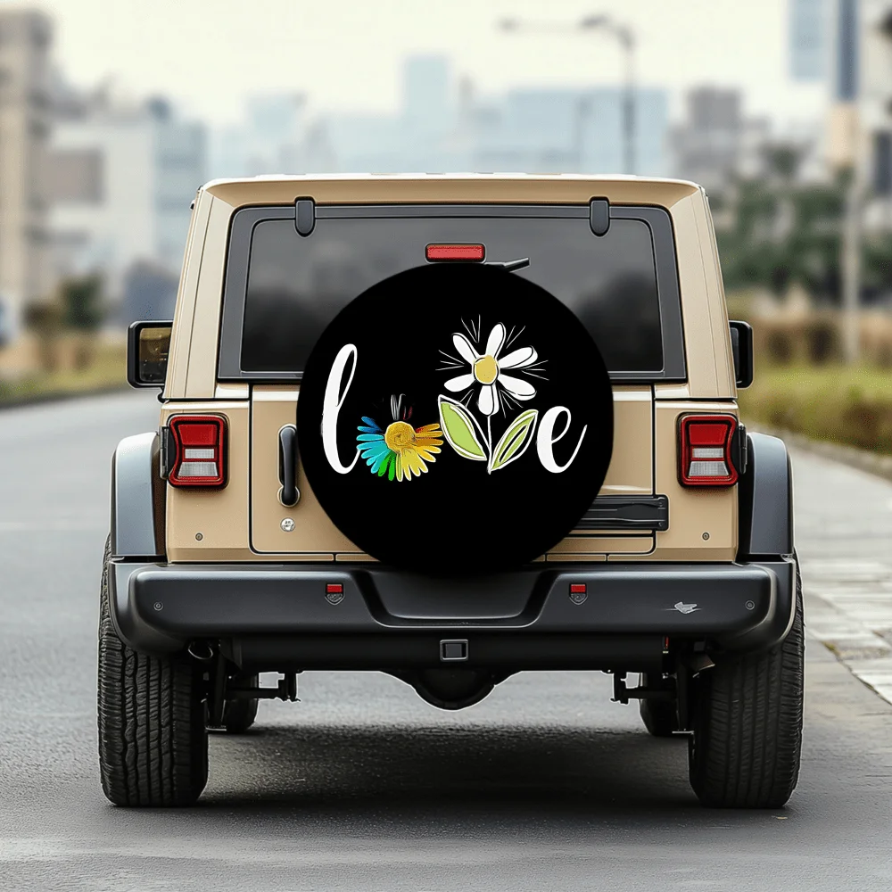 Colorful Daisy Love Pattern Tire Cover, 30/34 Inch Multi-Functional Car Tire Protector, Suitable For Jeep, Trailer, RV, Off-Road