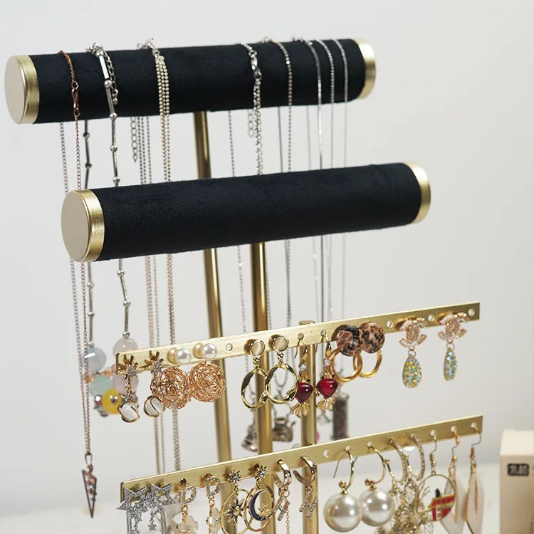 3-Tier Black Velvet Jewelry Display Stand for Bracelets, Earrings, and Rings (Multi-functional, Gold Accents)