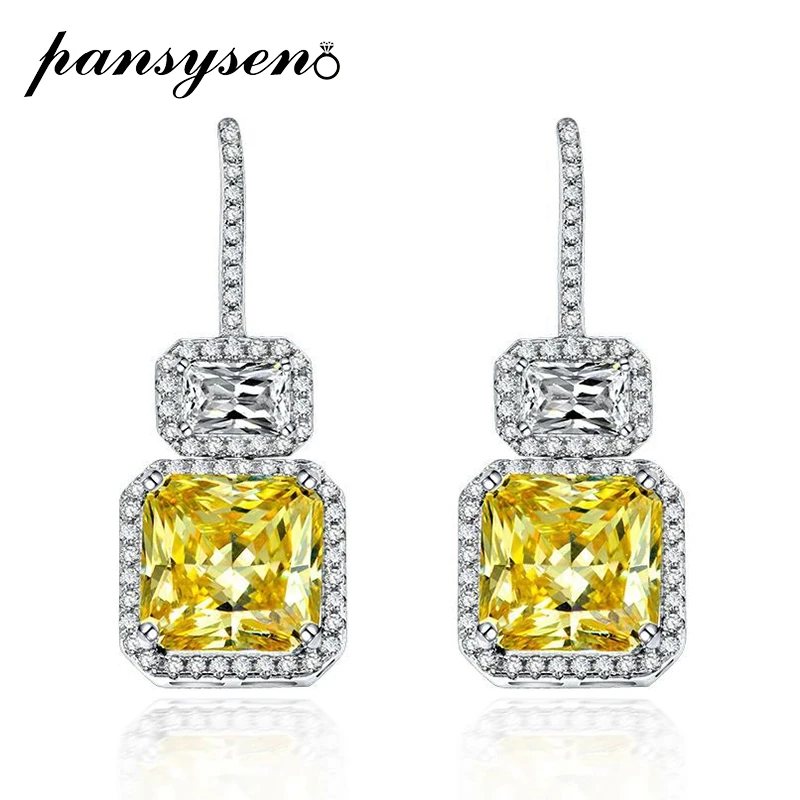 

PANSYSEN 100% 925 Sterling Silver 5CT Princess Cut Citrine Gemstone Dangle Drop Earrings for Women 18K Gold Plated Fine Jewelry