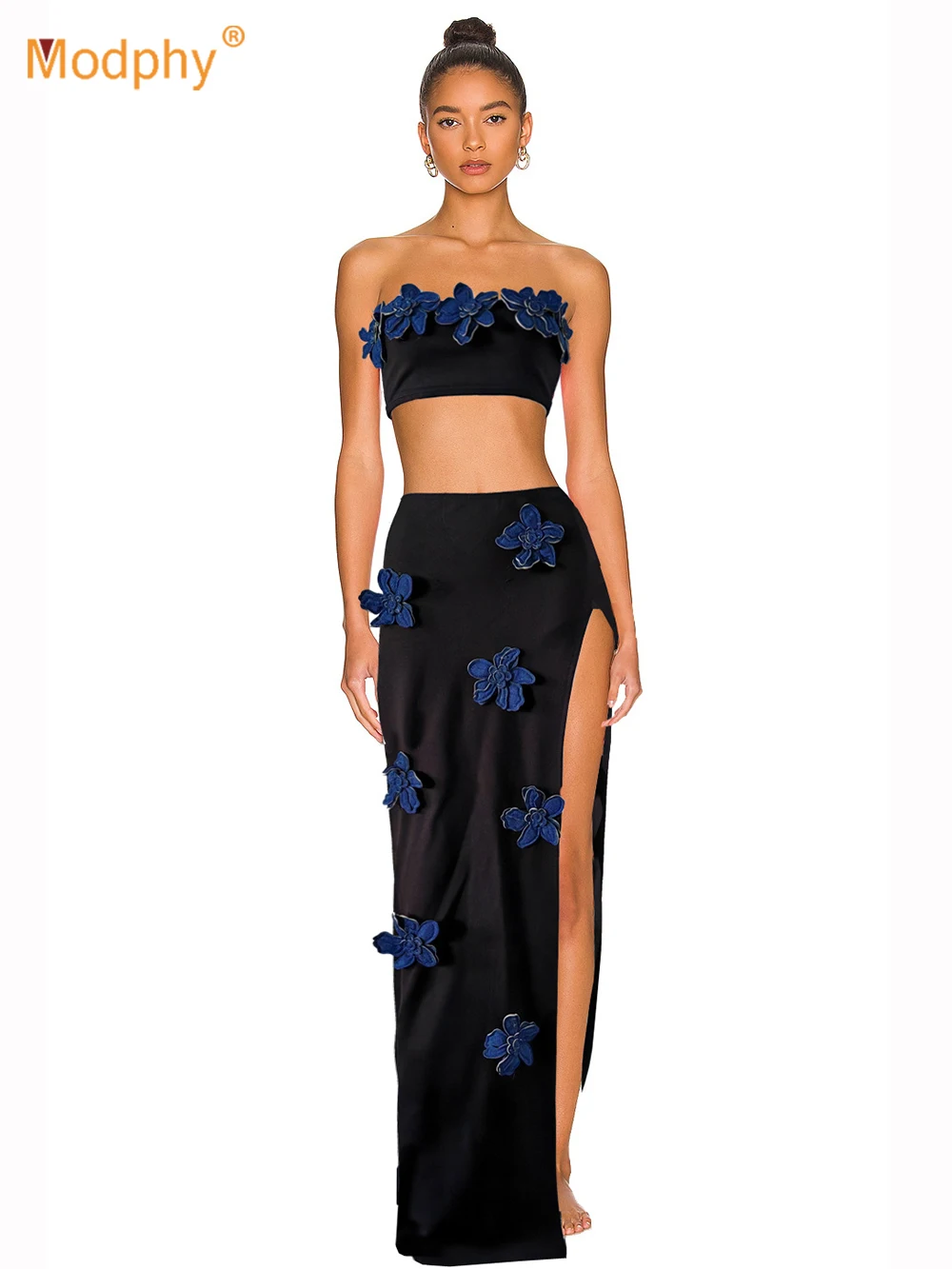 

Modphy Splicing 3D Flowers Sexy Party Two Piece Set Strapless Crop Top And Long Skirts 2 Pieces Set Women 2025 New Outfits