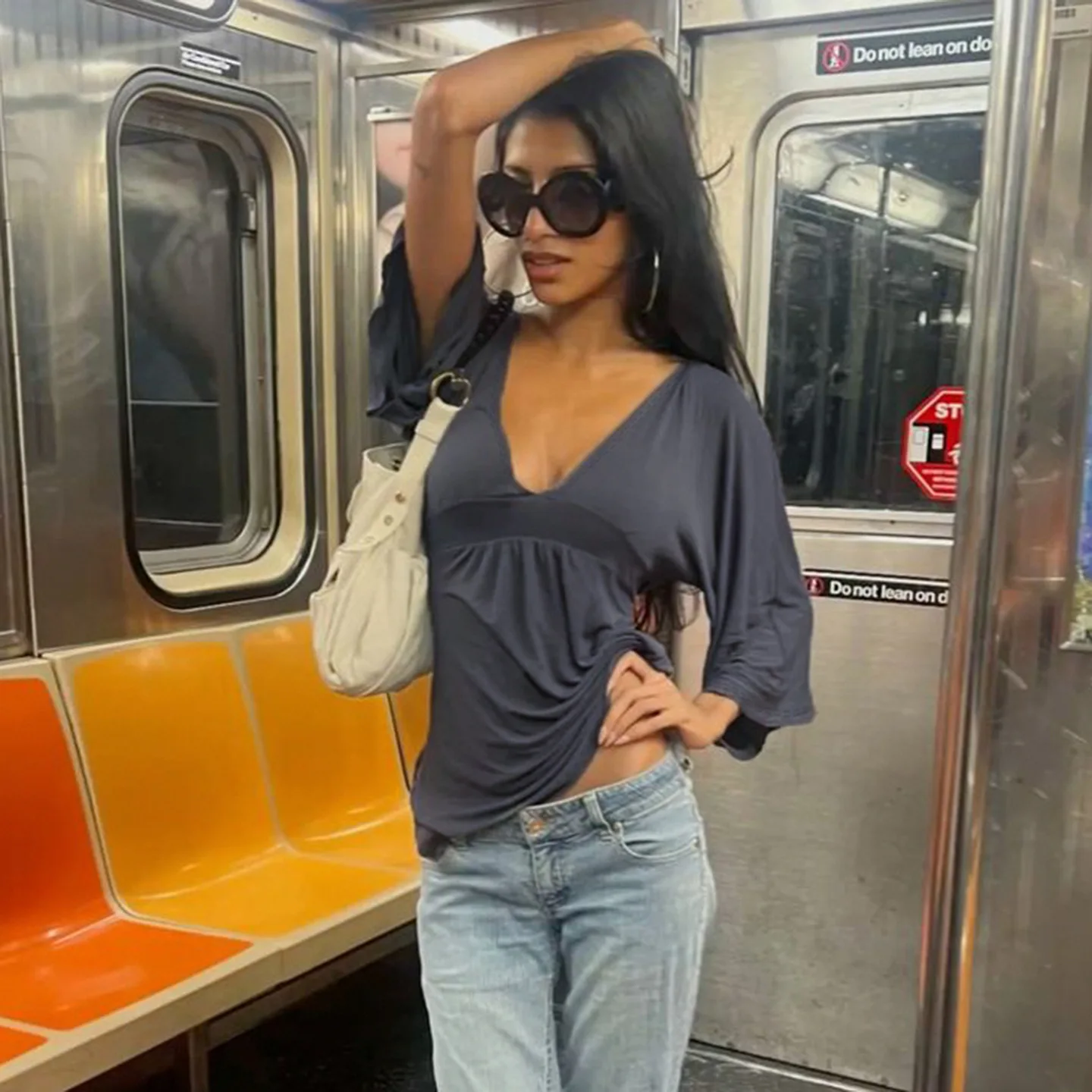 Sexy V-neck Flared Mid-Sleeved T-shirt For Women, Slimming And Shaping, Solid Color Women's Top, Trendy And Fashionable