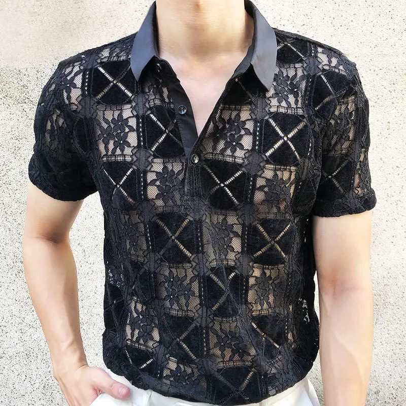 Camicia trasparente con motivo geometrico astratto manica corta See Through Button Up Shirt Summer Luxury Men Camicia Uomo Camicia nera