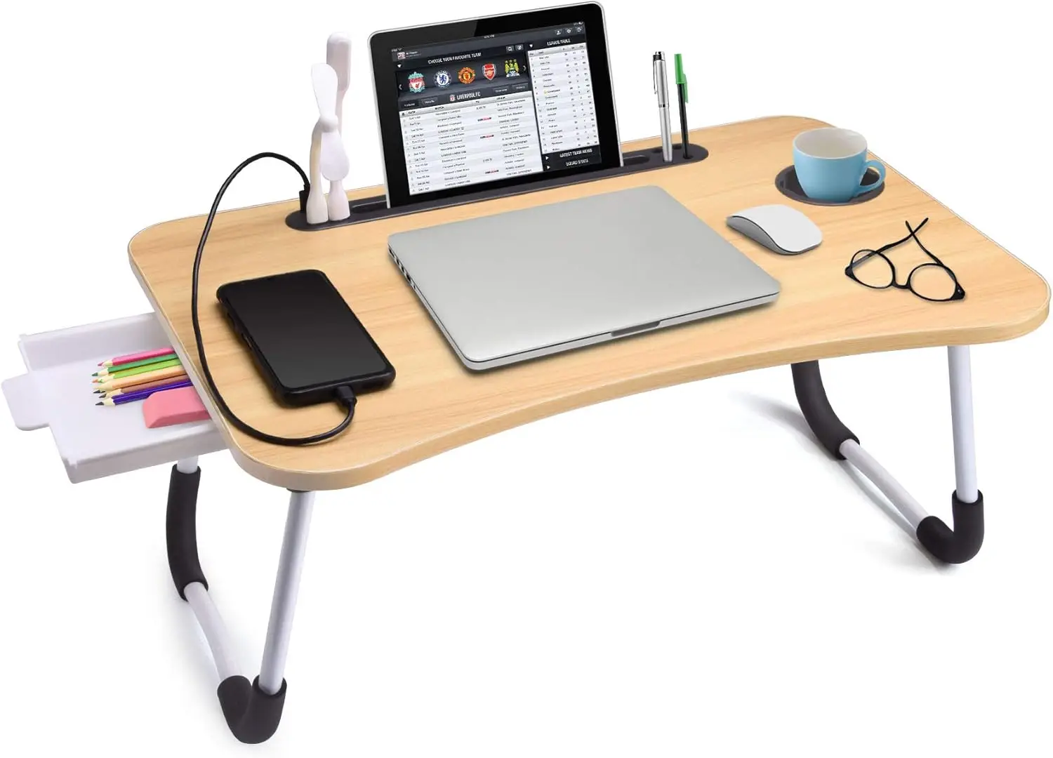 Laptop Table Folding Breakfast Tray Portable Lap Standing Desk Reading and Writing Holder with Drawer for Bed Couch Sofa Floor