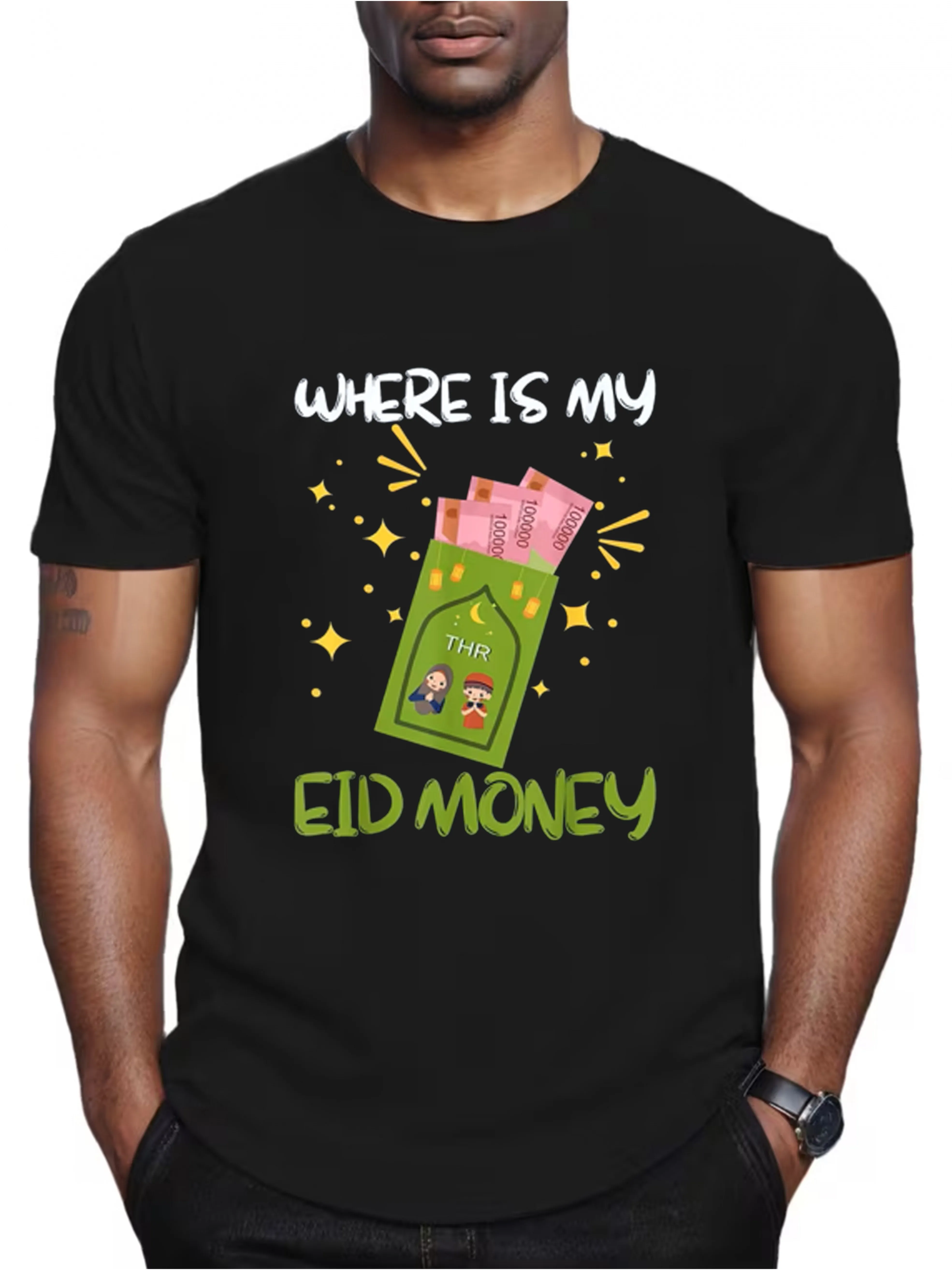 Men's Short-sleeved T-shirt, Featuring a Fun Cartoon Eid red Envelope Design with the Straightforward Question WHERE IS MY EID MONEY? Printed. Perfect for Family Gatherings, Holiday Visits, or Casual Attire, It Ensures Comfort and Style, Making