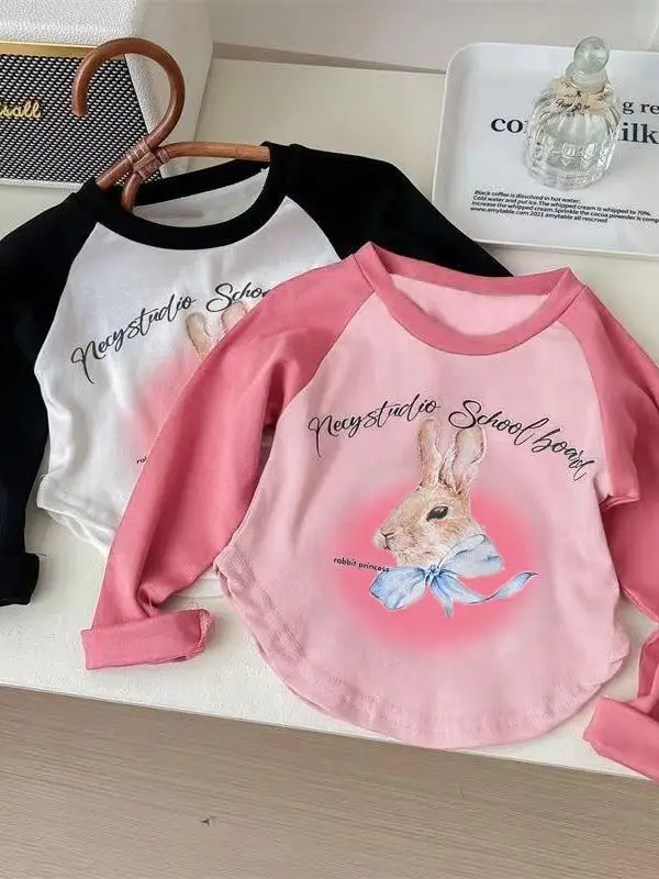 

Футболка Long Sve для девочек с рисунком кролика, базовый слой, корейский универсальный топ на осенний сезон