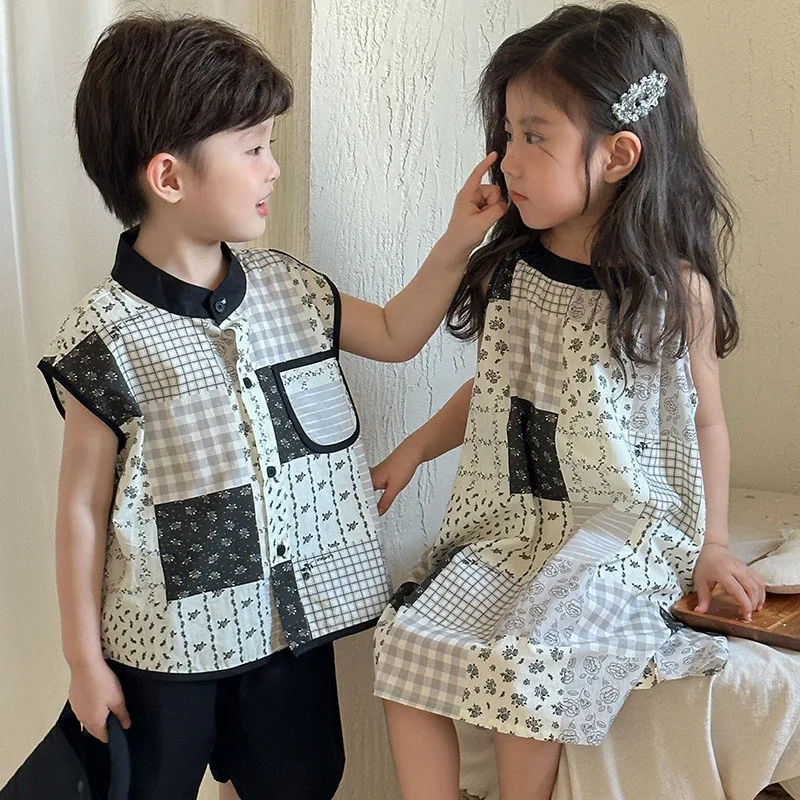 MILANCEL New Summer Kids Clothes Boys Color Block Floral Tops +Shorts Girls Sleeveless Dress Children Outwear