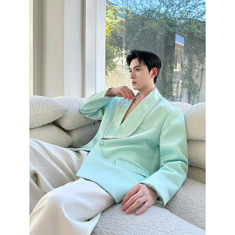 

Casual Embellied Nail Bead Men's Suit Jaet Loose Court Ele Sle Autumn Faion Outerwear Long Sve Youth Trend