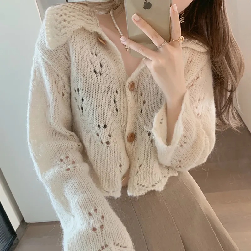 

Autumn Women Long Sleeve Polo Collar Knitted Top Elegant Casual Solid Cardigan Sweater 2025 Fall Korean Style Short Knitwear