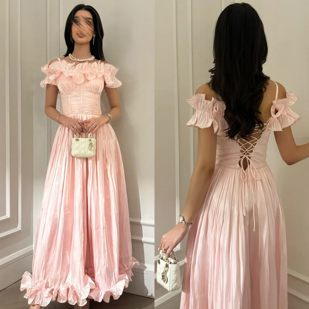 

Customized Classic Fashion Ruched Pleat A-line Off-the-shoulder Ankle Length Dresses Bespoke Occasion Dresses Sizes Available