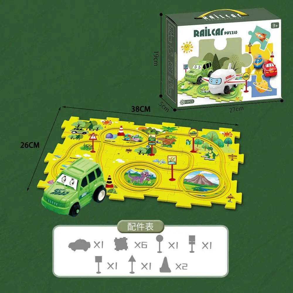 Auto elettrica dinosauro scena bambini divertimento Puzzle assemblaggio elettrico Rail Car Puzzle 13 pezzi giocattoli creativi confezione regalo B028