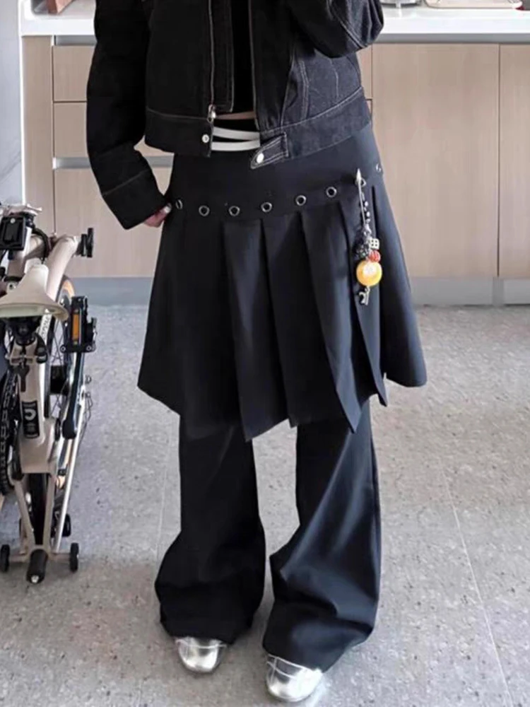 RORORIRI Eyelets Black Pleated Skirt Layered Bell Bottoms Women Casual Plain Mock Wide Leg Bootcut Suit Pants Punk Retro Clothes