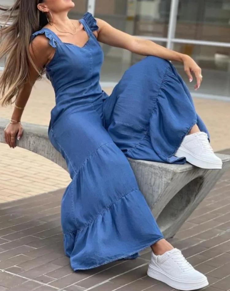 Overalls for Women 2025 Summer Shirred Backless Square Neck Sleeveless Casual High Waist Daily Wide Leg Jumpsuit Y2k Streetwear