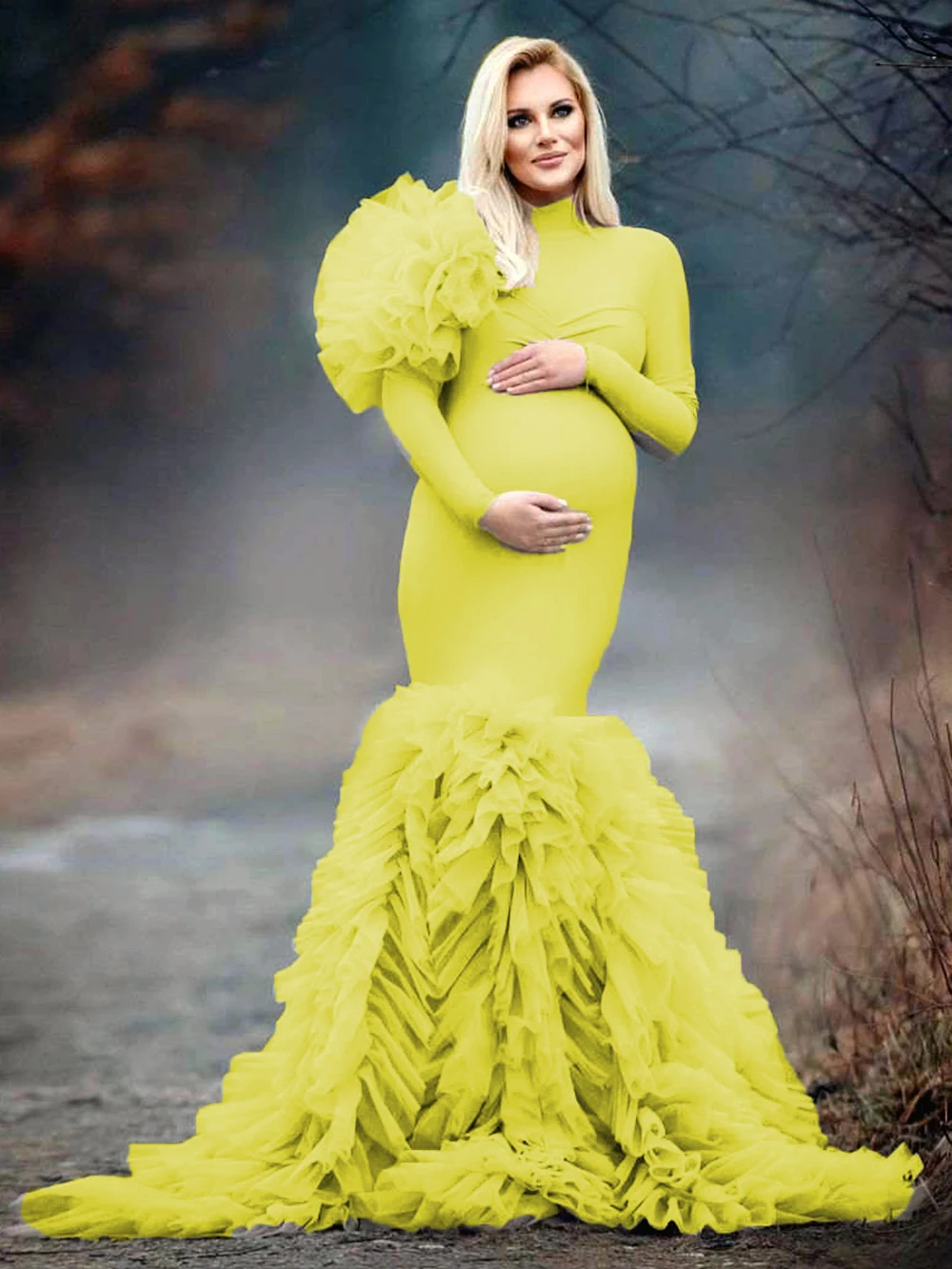 Full Sleeves Tulle Maternity Prom Dresses High Neck Evening Dress Custom Made Photo Lush Ruffles Flowers Celebrity Party Gown