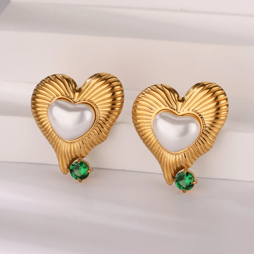 Vintage Green Zircon Heart Earrings for Women Stainless Steel Gold Color Piercing Earrings Fashion Wedding Christmas Jewelry