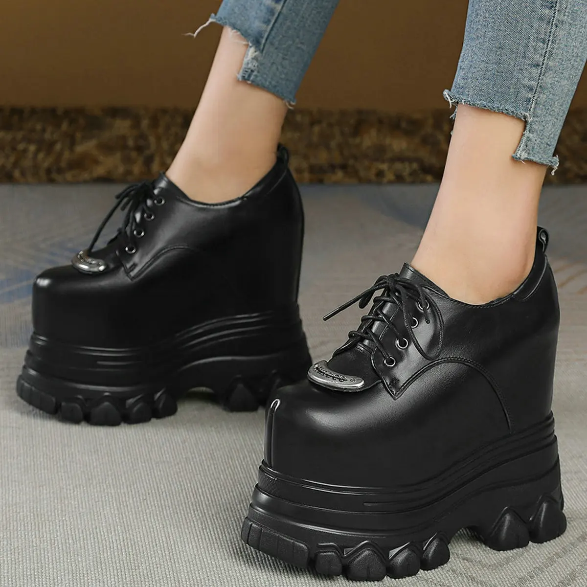 Vulcanized Shoes Women Lace Up Genuine Leather Wedges High Heels Ankle Boots Female Round Toe Platform Pumps Shoes Casual Shoes