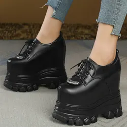 Vulcanized Shoes Women Lace Up Genuine Leather Wedges High Heels Ankle Boots Female Round Toe Platform Pumps Shoes Casual Shoes