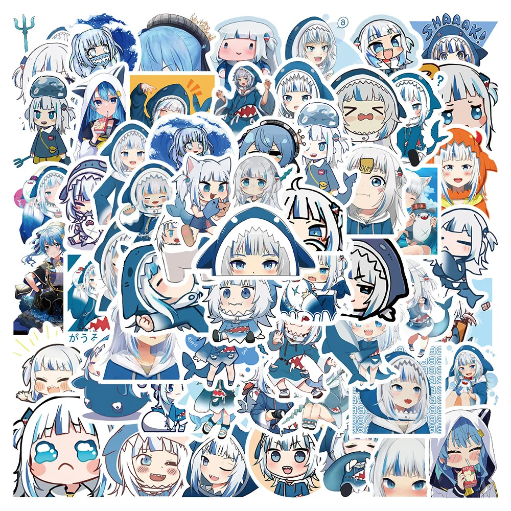 Pegatinas de Anime de Chibi Gawr Gura Blue Shark Girl Meme Para maleta, portátil, Ipad, guitarra, Skateboard, venta al por mayor, 10/30/50 piezas