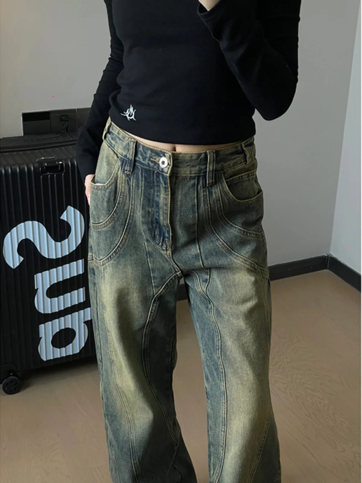 

Washed Distressed Straight Leg Men's Jeans Yellow Mud Color American Retro Design Spring 2024 Wide Leg Pants Casual Style