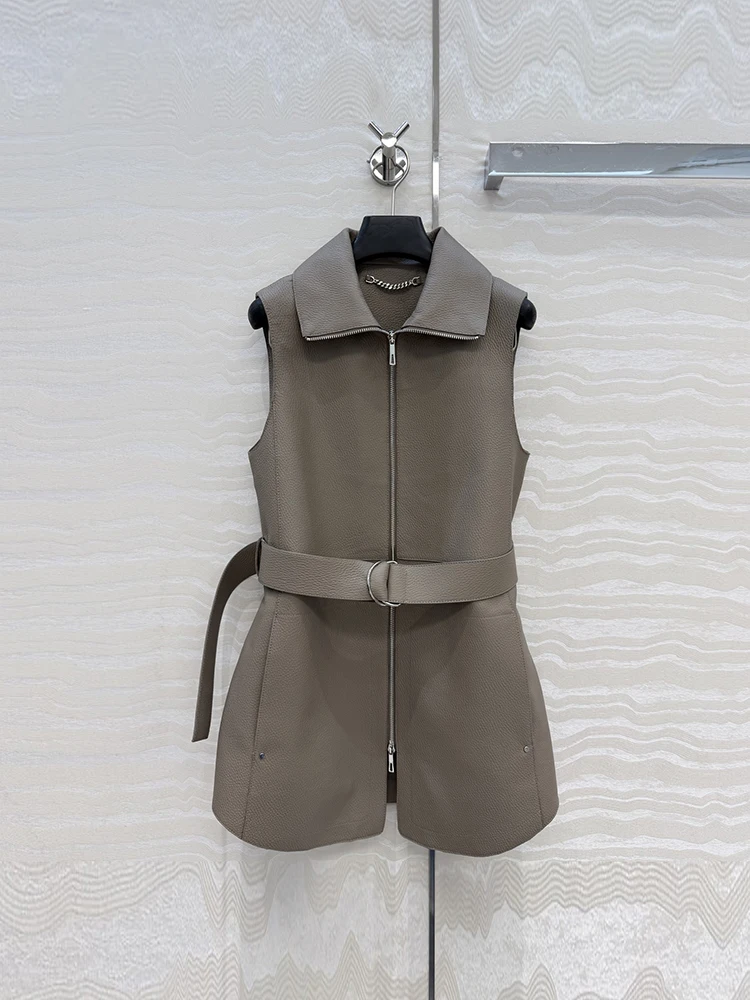Spring Summer Fashion Grayish Brown Vintage Sheepskin Waistcoat Women's Turn-down Collar Metal Chain Sleeveless Belt Jacket