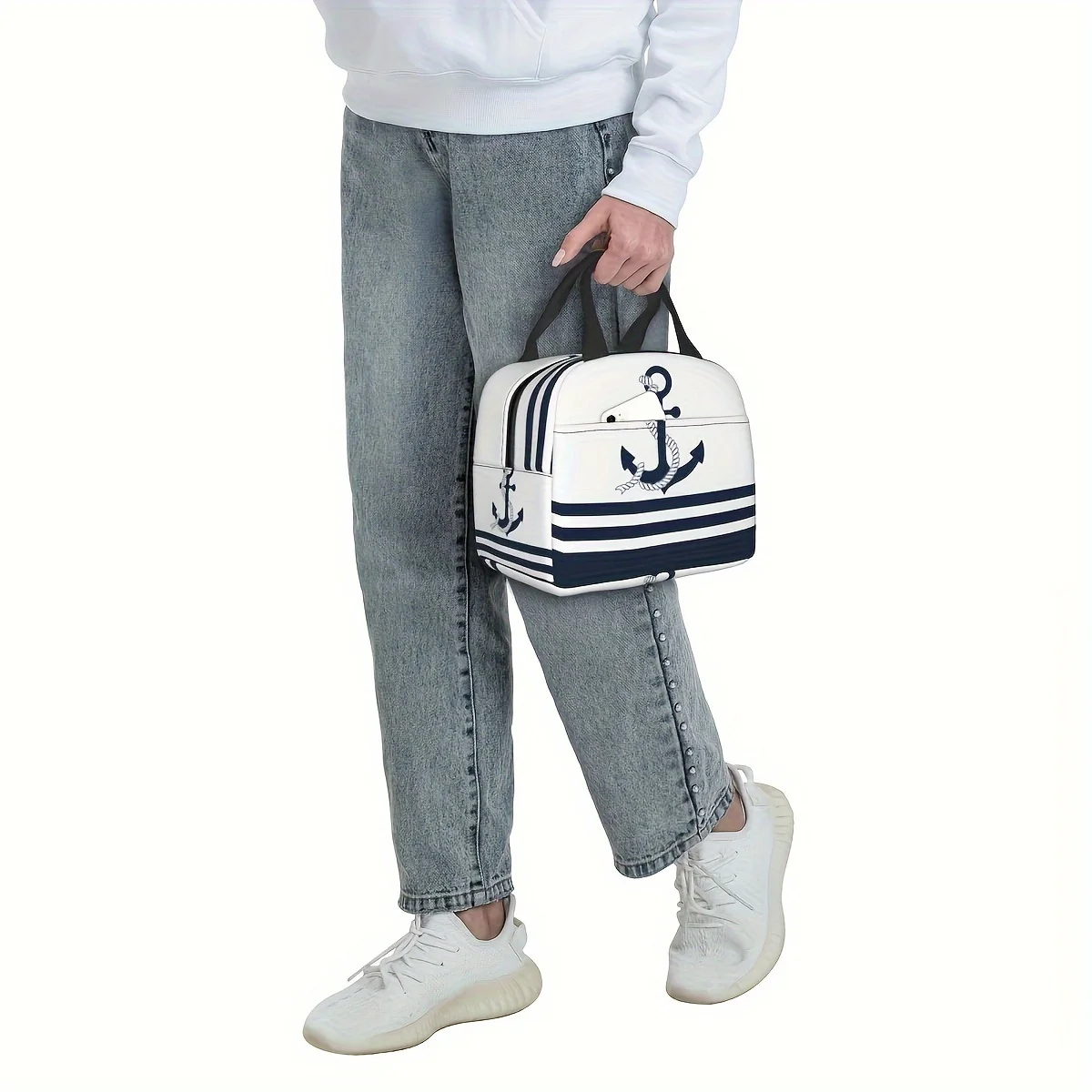 Sea Blue Anchor Blue and White Striped Durable Oxford Cooler Tote and Outdoor Picnics Lunch Box Bags Ordinary Capacity
