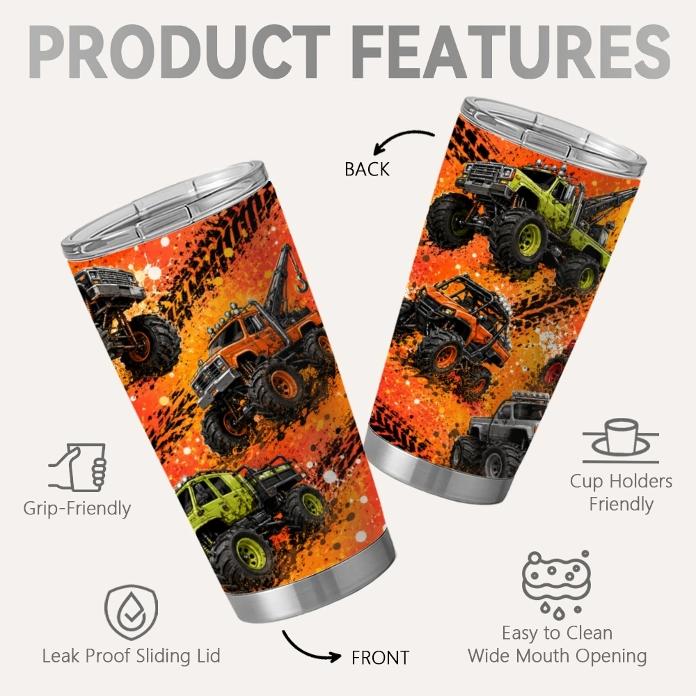 Monster Truck Vacuum Flasks 20oz Insulated Stainless Steel Tumbler Travel Mug with Sliding Lid Coffee Cup for Office Use
