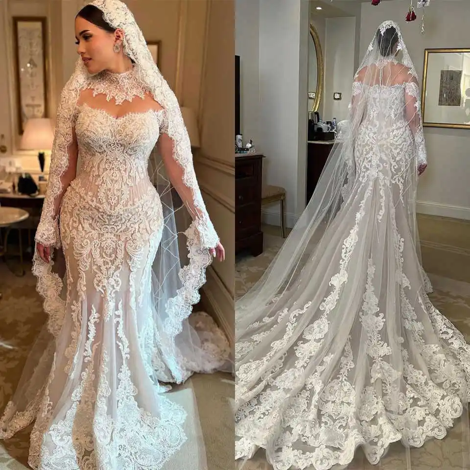 Vintage Mermaid Wedding Dresses High Neck Appliques Lace Long Sleeve Bridal Gown Sweep Train Vestido De Noiva Customized