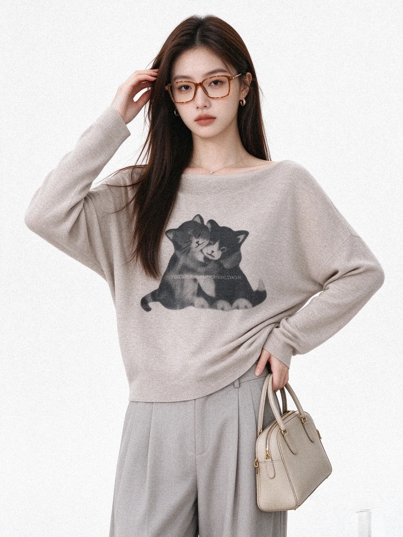 Skin-friendly  Print Knitted Long Sleeve Loose Casual Top One-Shoulder Design Slimming Base Layer Women's Fashion