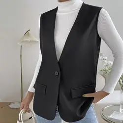 Casual Business Jacket Elegant Women's Sleeveless Business Suit Vest with Deep V Neck Slim Fit Western Style Cardigan for Formal