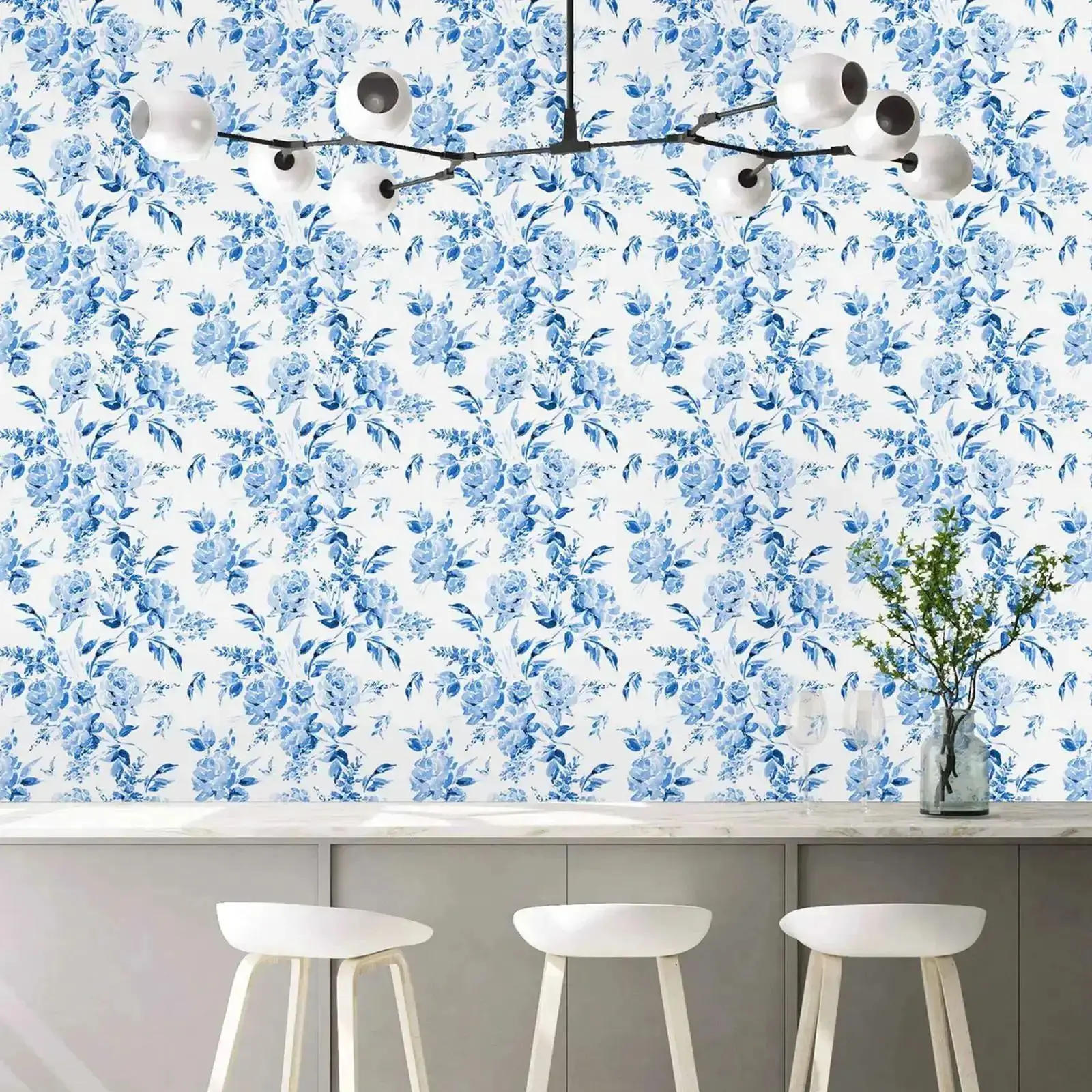 Blue Floral Peel And Stick Wallpaper,BlueLeaves On White Background  Wallpaper, Self adhesive Wall Papers Wall Art Decor