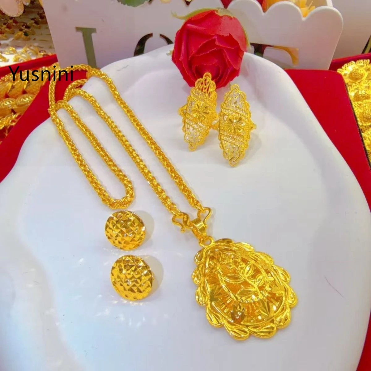 

New Dubai Fashion Custom 24K Gold Plated Necklace Earrings Rings Exquisite Engagement Party Jewelry Set for Beloved