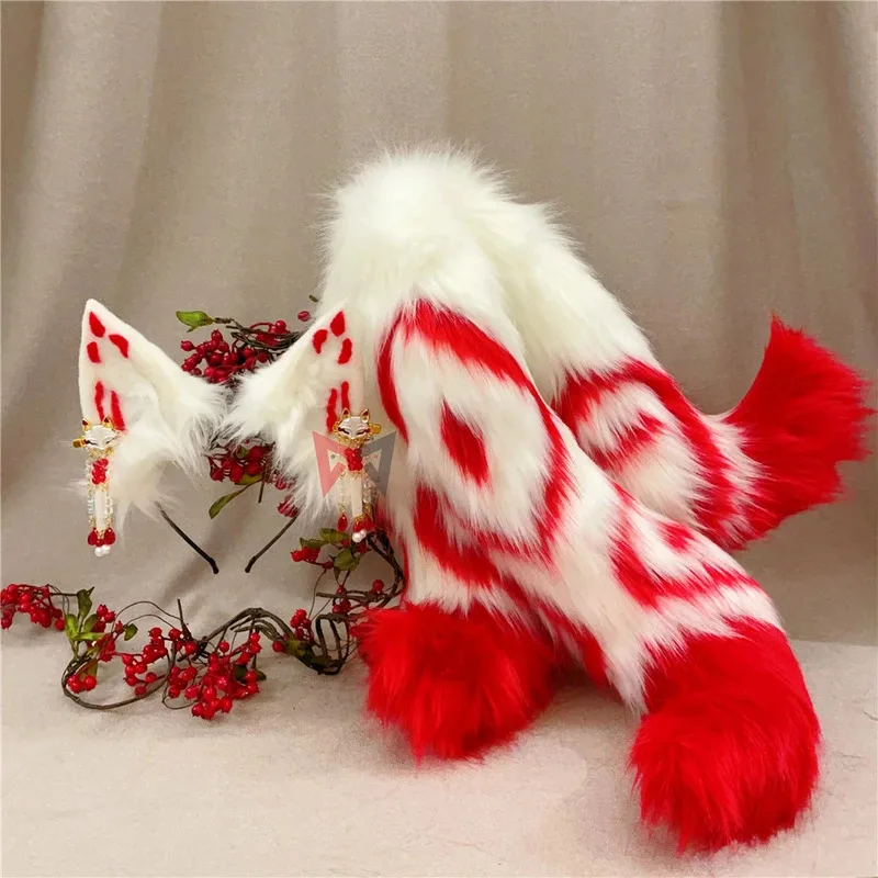 

New Hand Made Work Ninetales Fox Ears Hairhoop Headwear Earrings Tails Red White Color Costume Accessories Custom Made