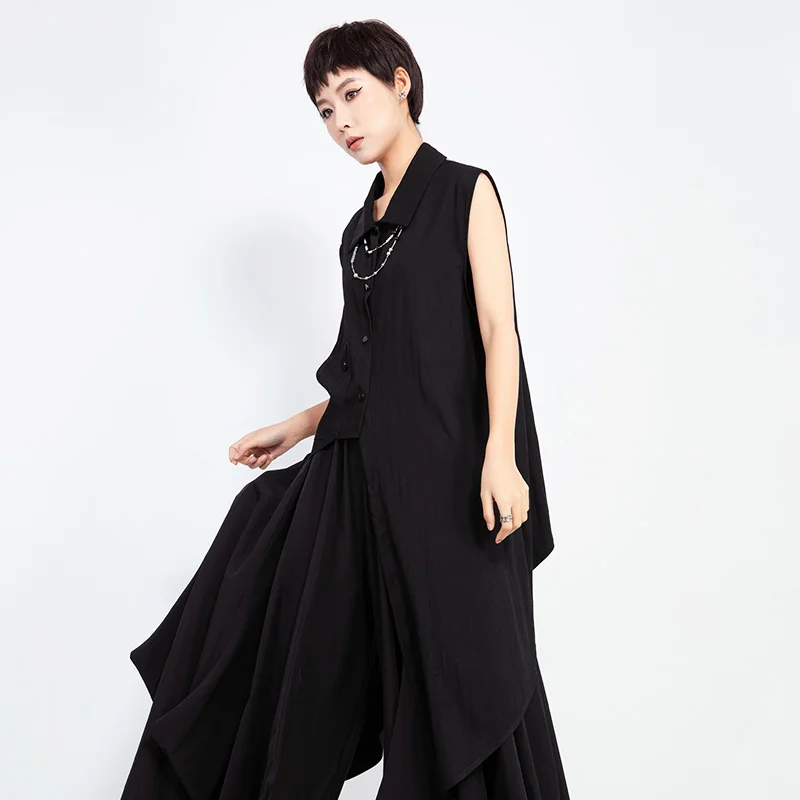 

Street Punk Style Loose Fit Black Asymmetrical Hem Shirt Women's Summer New Fashion Sleeveless Collar Mid-Length Blouse
