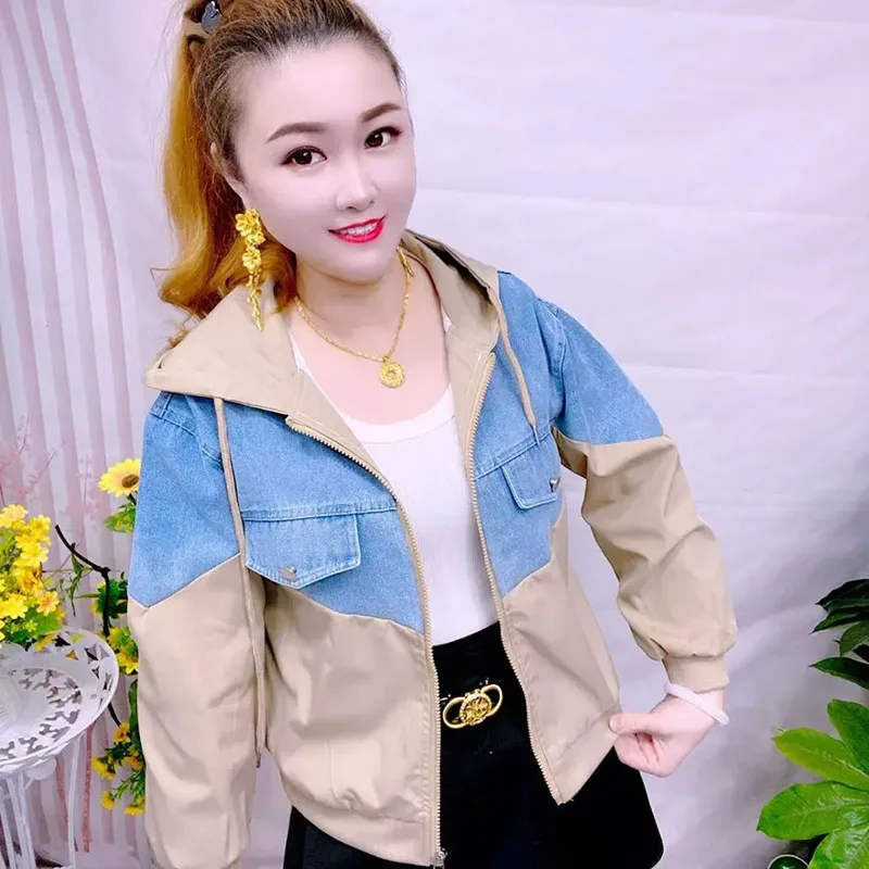 

Новинка 2026, женское пальто, модная короткая джинсовая куртка с капюшоном и цветными блоками, весенне-осенняя повседневная верхняя одежда, женская