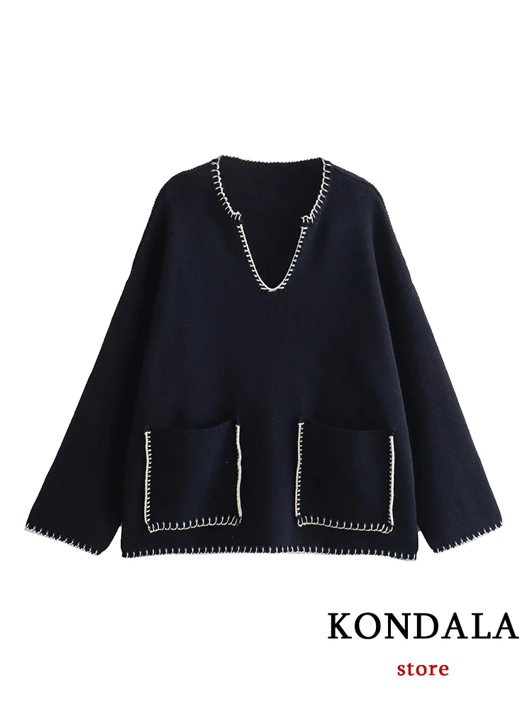 KONDALA TRAF Casual Quilt Black Knitted Oversized Sweater Women Autumn Winter V Neck Pockets Pullovers Fashion 2023 Luxury Tops