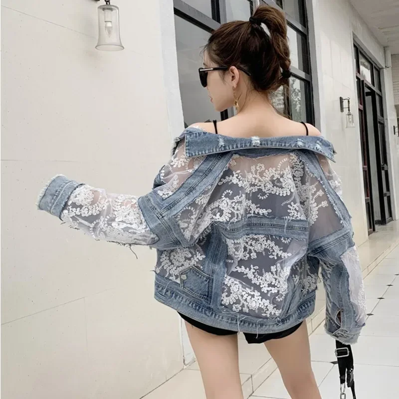 

High Quality 2024 New Fashion Joker Lace Stitching Perspective Loose Denim Jacket Long Sleeve Large Size Ladies Denim Coat