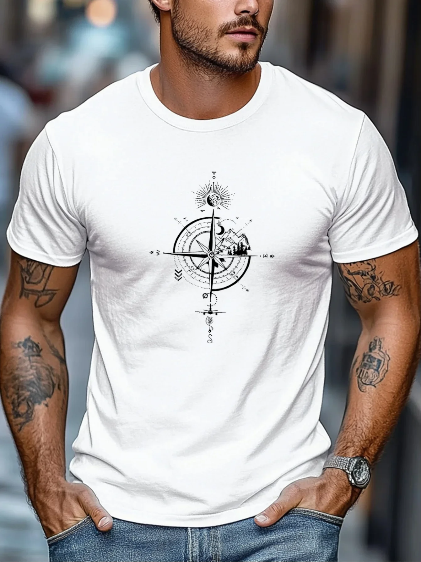Vintage Compass Mountain Explorer T-Shirt For Men Travel Adventure Airplane Star Moon Graphic Tee Outdoor Casual Daily Tops