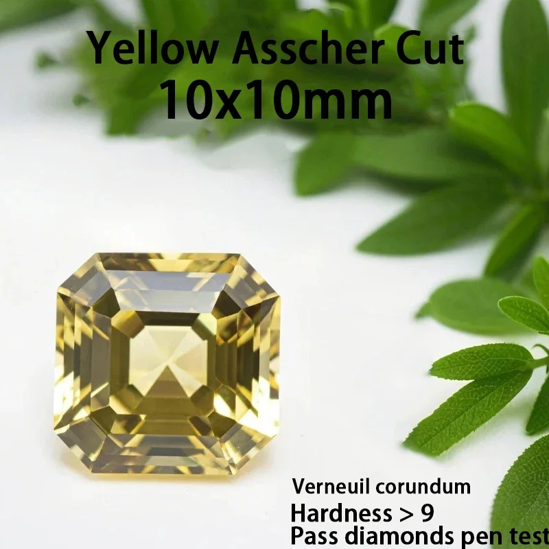 

Synthetic corundum 10x10mm Yellow Colour Asscher Sapphire Square Gemstone Pass diamonds pen test Charms Jewelry Making Material