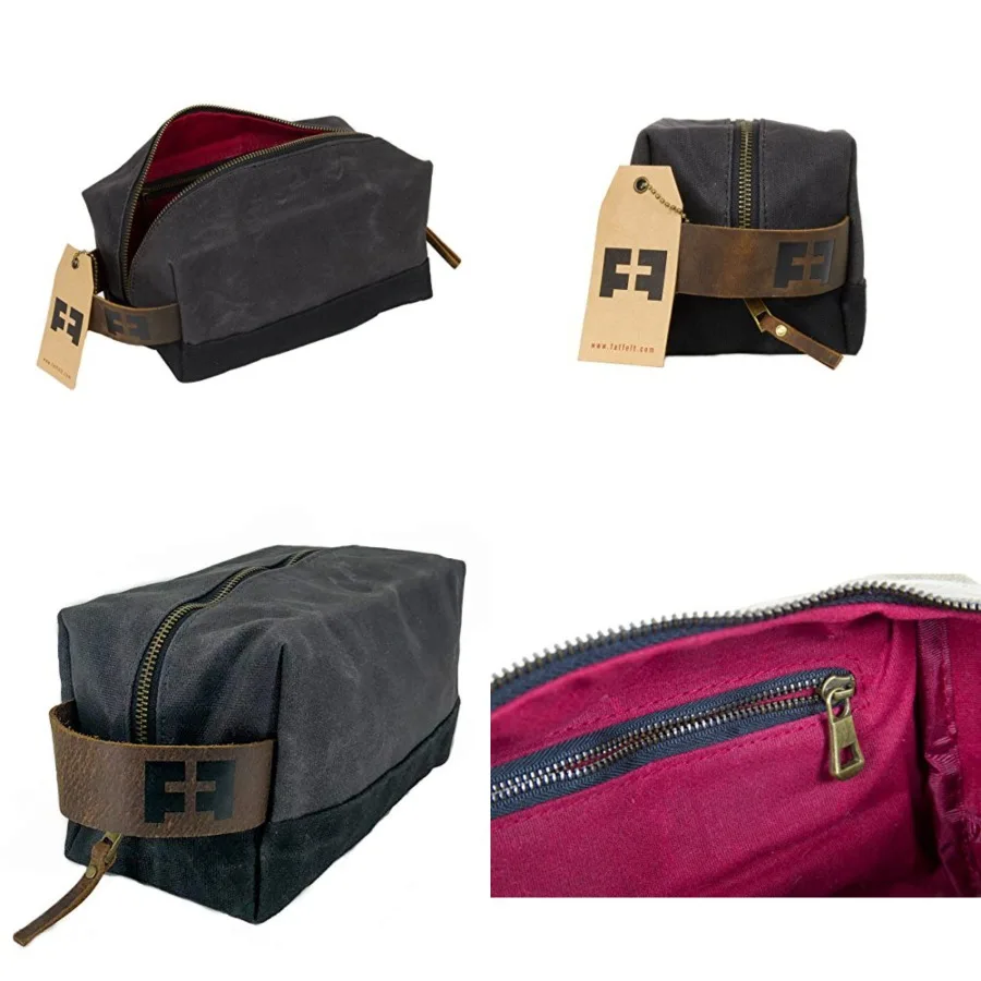 

the DOPP KIT Waxed Cotton Canvas shave and toiletries bag with leather handle