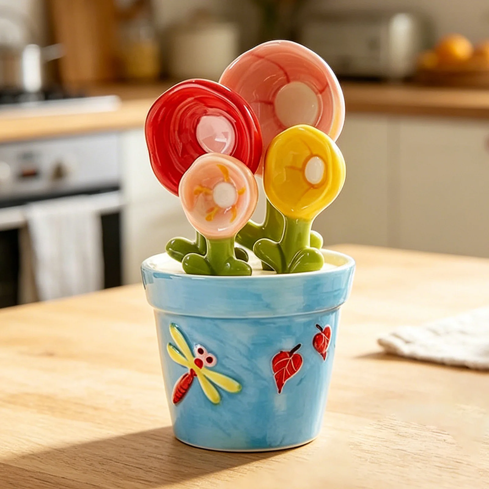 

5Pcs Flower Figurine Measure Spoon with Pot Holder Decorative Measure Cups 1/4 1/2 1 Tsp 1 Tbsp for Dry and Liquid Ingredients