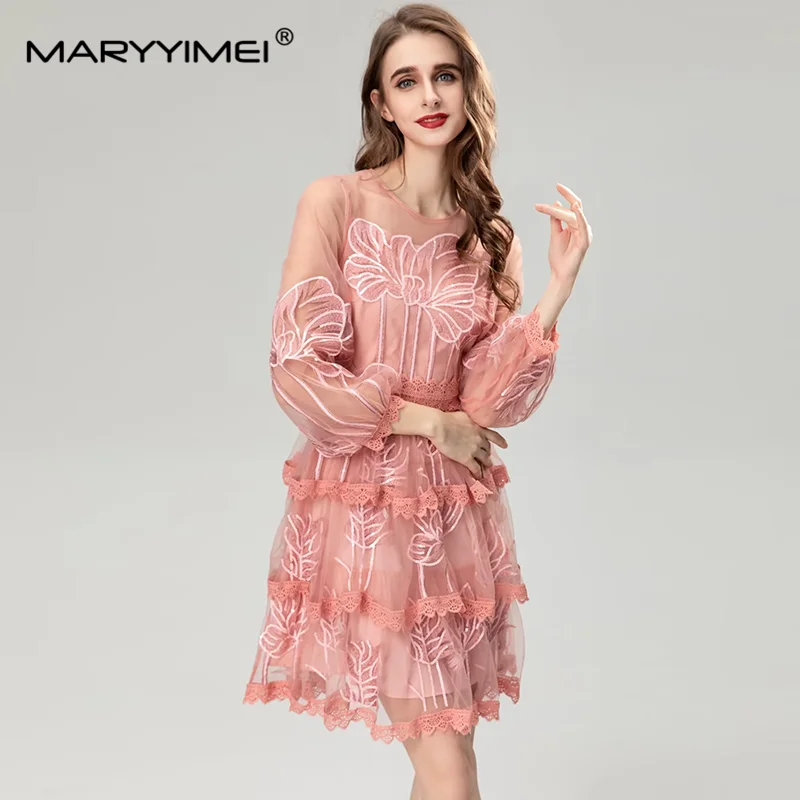 

MARYYIMEI Autumn Women's Dress Mesh Sequins Lace Hollow Out High waist Embroidery Design Lantern Sleeved Mini Dresses